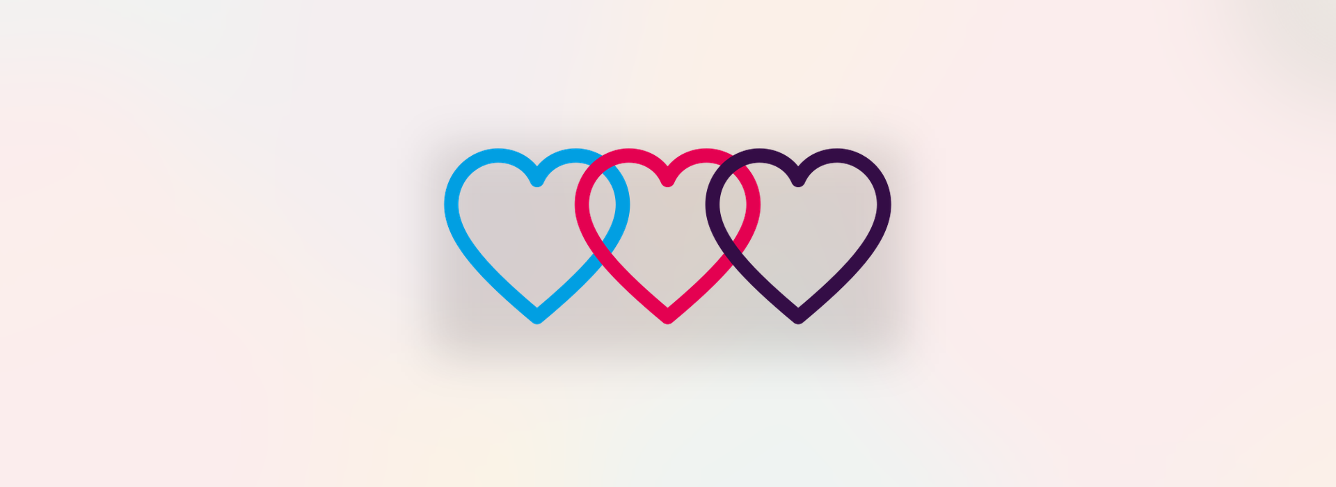 Watercolour artwork in the polyamory flag's colours: three interlocking heart outlines in blue, magenta and purple on a soft cream wash