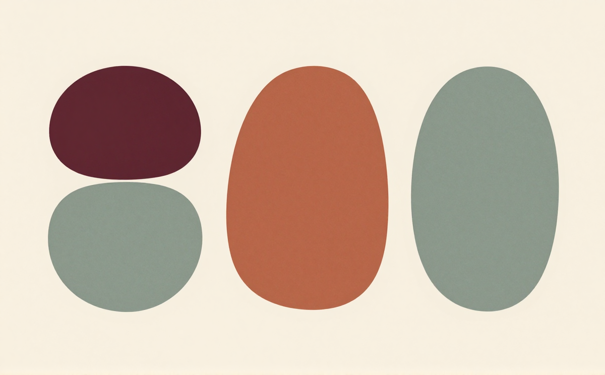 Three balanced rounded shapes in plum, terracotta and sage, representing structured conversations