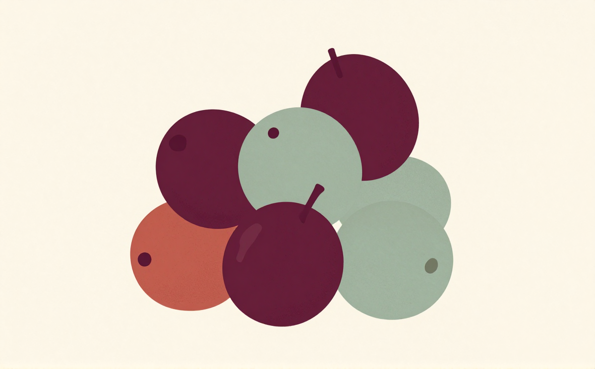 A cluster of interlocking rounded forms in plum and sage, suggesting connected relationships
