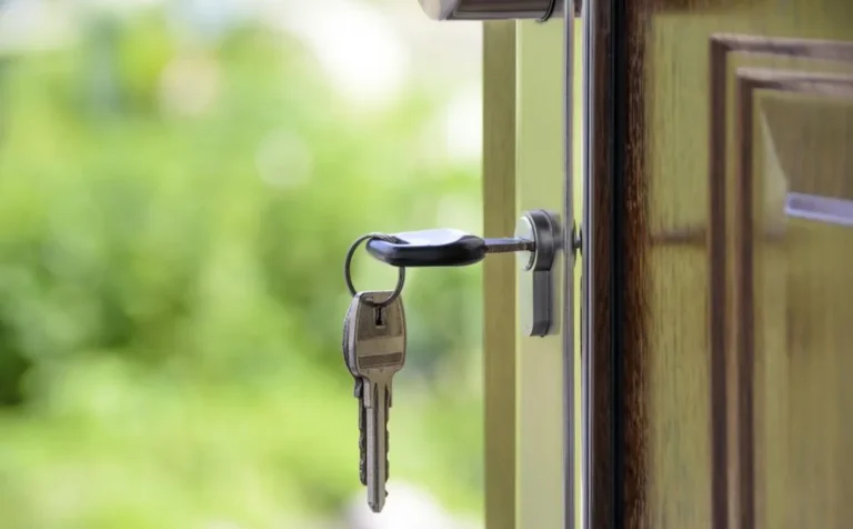 Metamour moving in: a key turned in the lock of a wooden front door, a bunch of keys hanging from the ring, soft green foliage behind