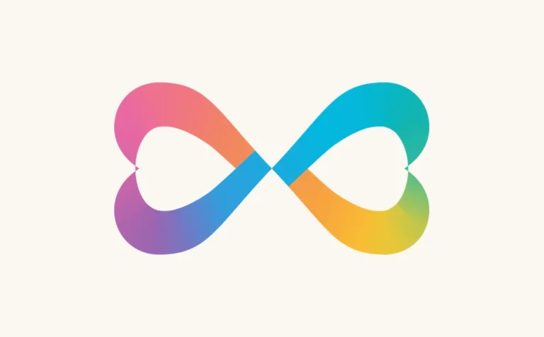 Polyamory and neurodivergence: a rainbow infinity ribbon whose loops form a heart, the two symbols wound into one