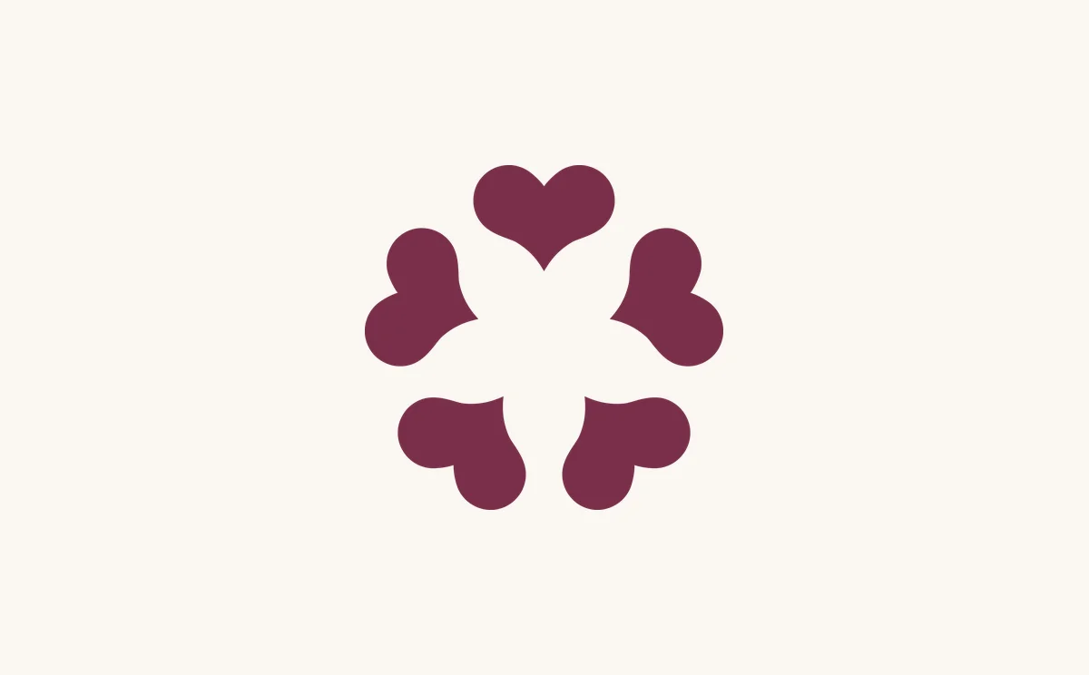 Metamour: a ring of six interlocking hearts that stands for a polyamorous network, each heart a separate relationship touching the others